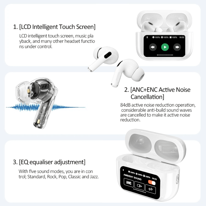 TouchPods S10 Pro ANC/ENC auriculares inalámbricos Bluetooth, pantalla táctil LCD, cancelación activa de ruido, traductor inteligente AI